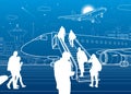 Passengers board the plane. Contour transport illustration. City airport infrastructure. Vector design art